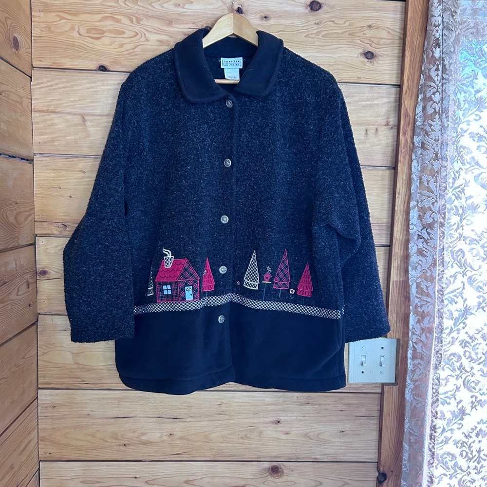 Vintage Fleece Jacket Women Large Black Red Plaid Winter Cabin Jantzen Petite